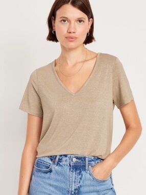 NWT Old Navy Women’s Luxe Metallic Gold Shimmer V-Neck Top Size Medium Tall